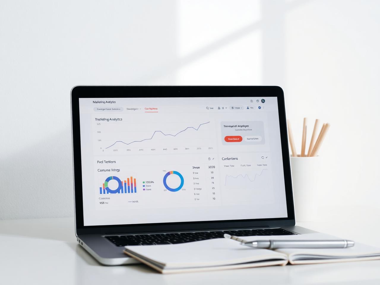 Laptop screen displaying a marketing analytics dashboard with an upward-trending performance chart