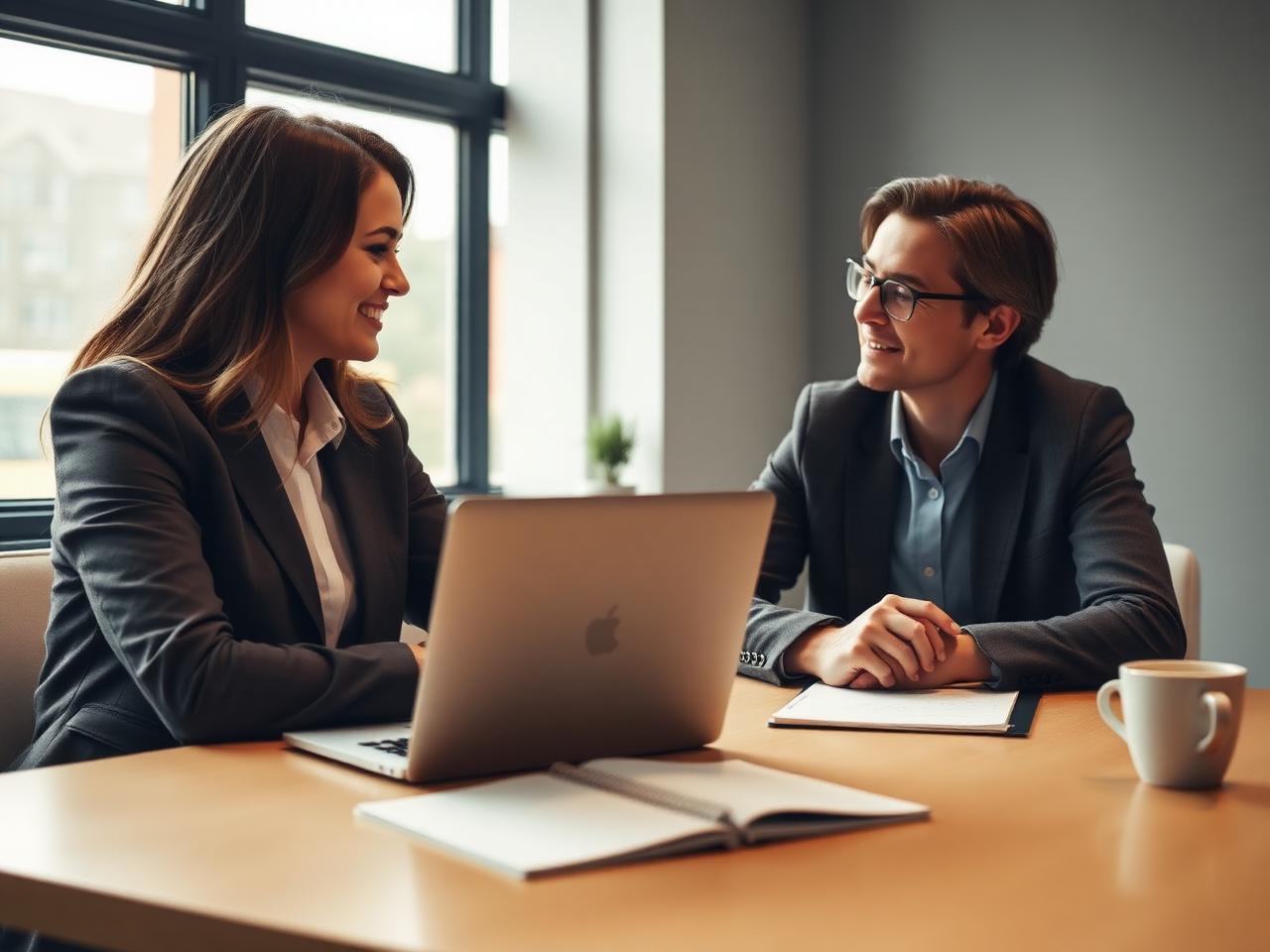 Two professionals in a strategy planning session with a laptop and notepad on a bright desk